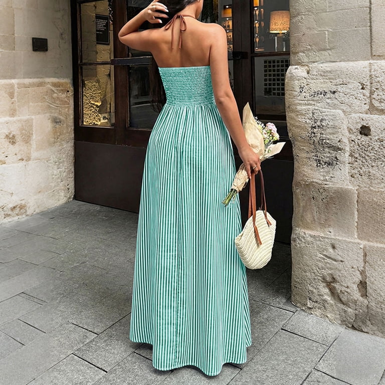 mint green tank dress Tbopshirt Dresses for Women Deep V-Neck Backless Sleeveless Maxi Dress with Stripe Print and Flowing,Mint Green,S-XL Tie dye