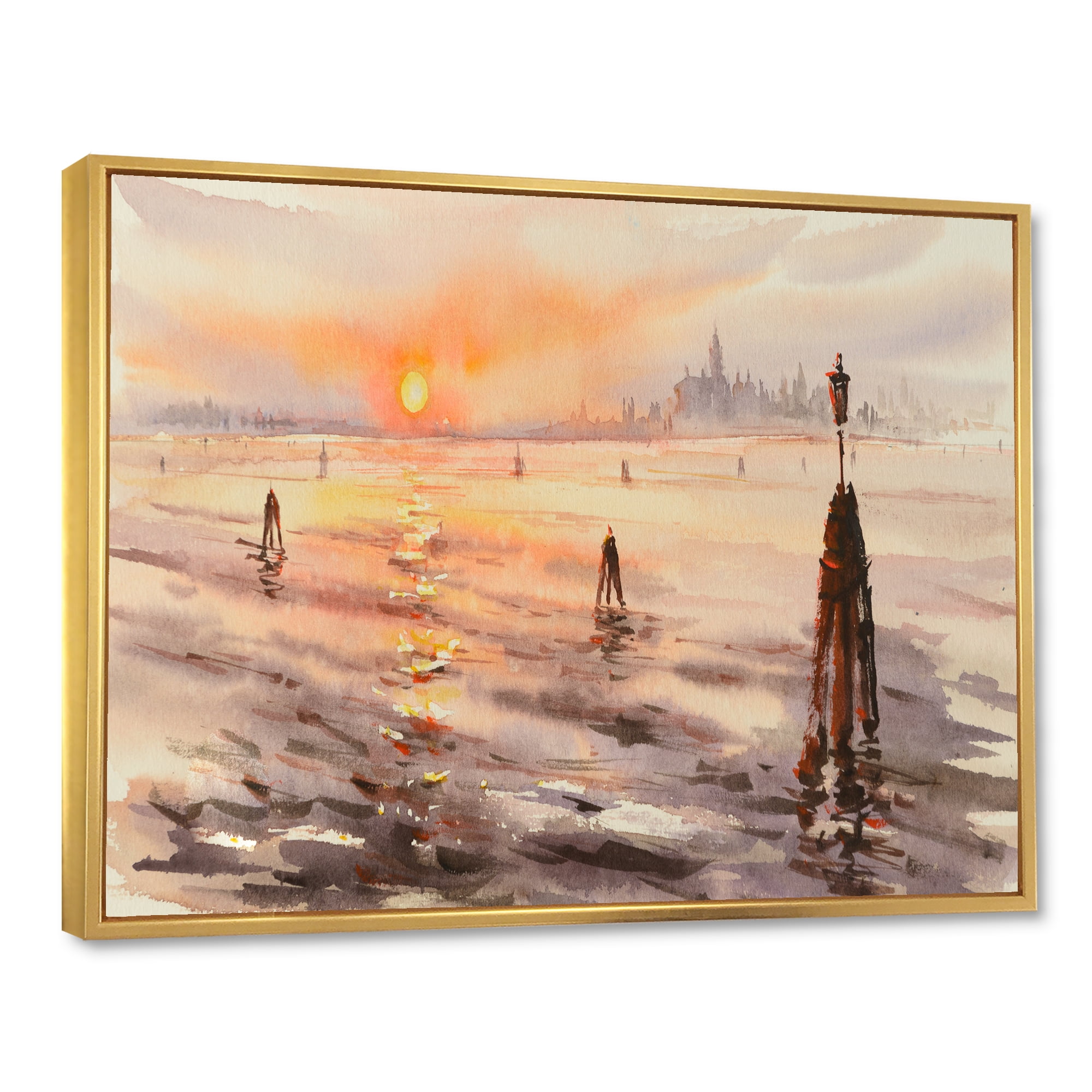 Designart 'Panorama of Venice Laguna Beach At Sunset' Nautical & Coastal Framed Canvas Wall Art Print