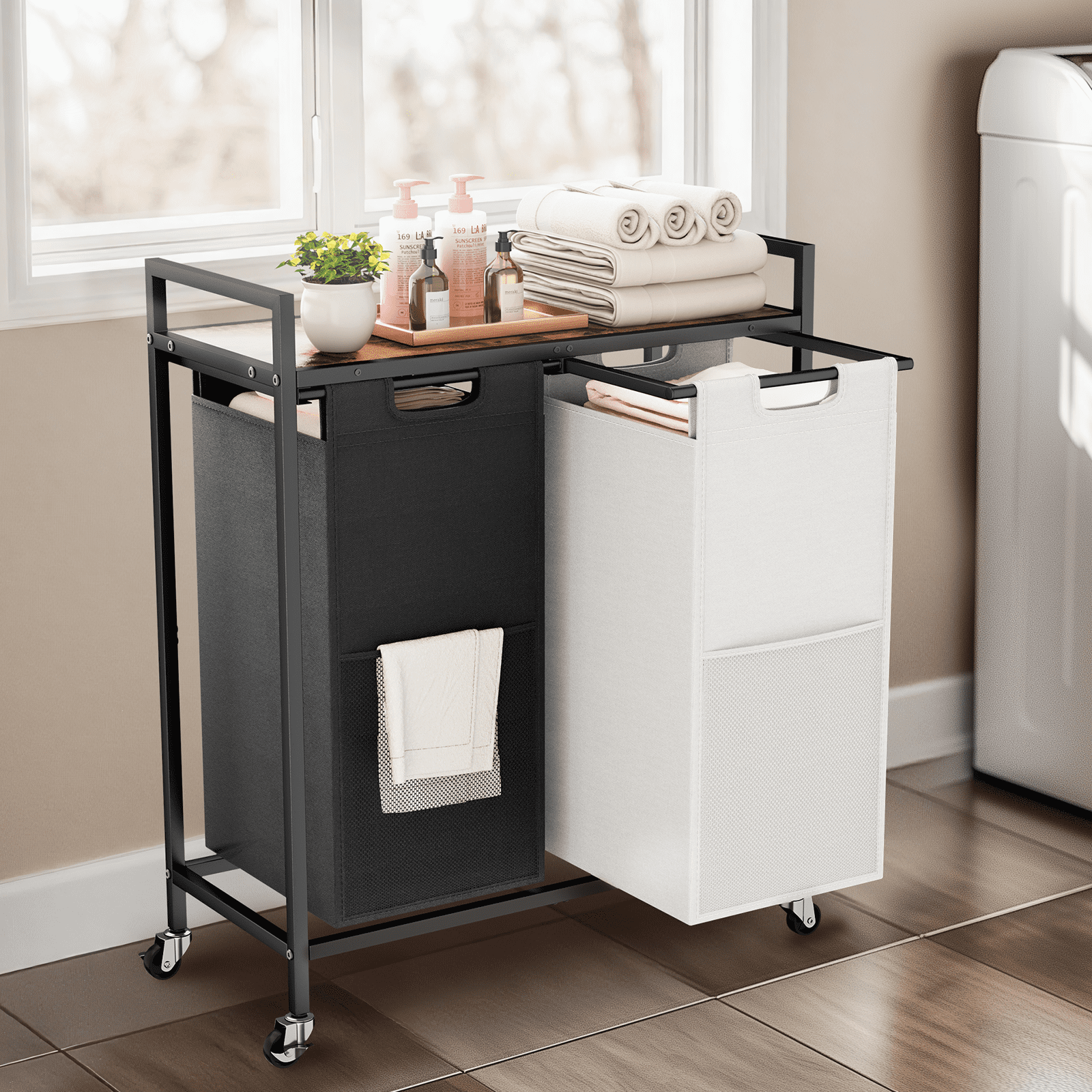 112L/30 US gal Laundry Sorter Organizer with Wheels, Rolling Laundry Hamper Laundry Basket Organizer with 2 Section Pull-Out Drawers,Top Shelf and 4 Wheels