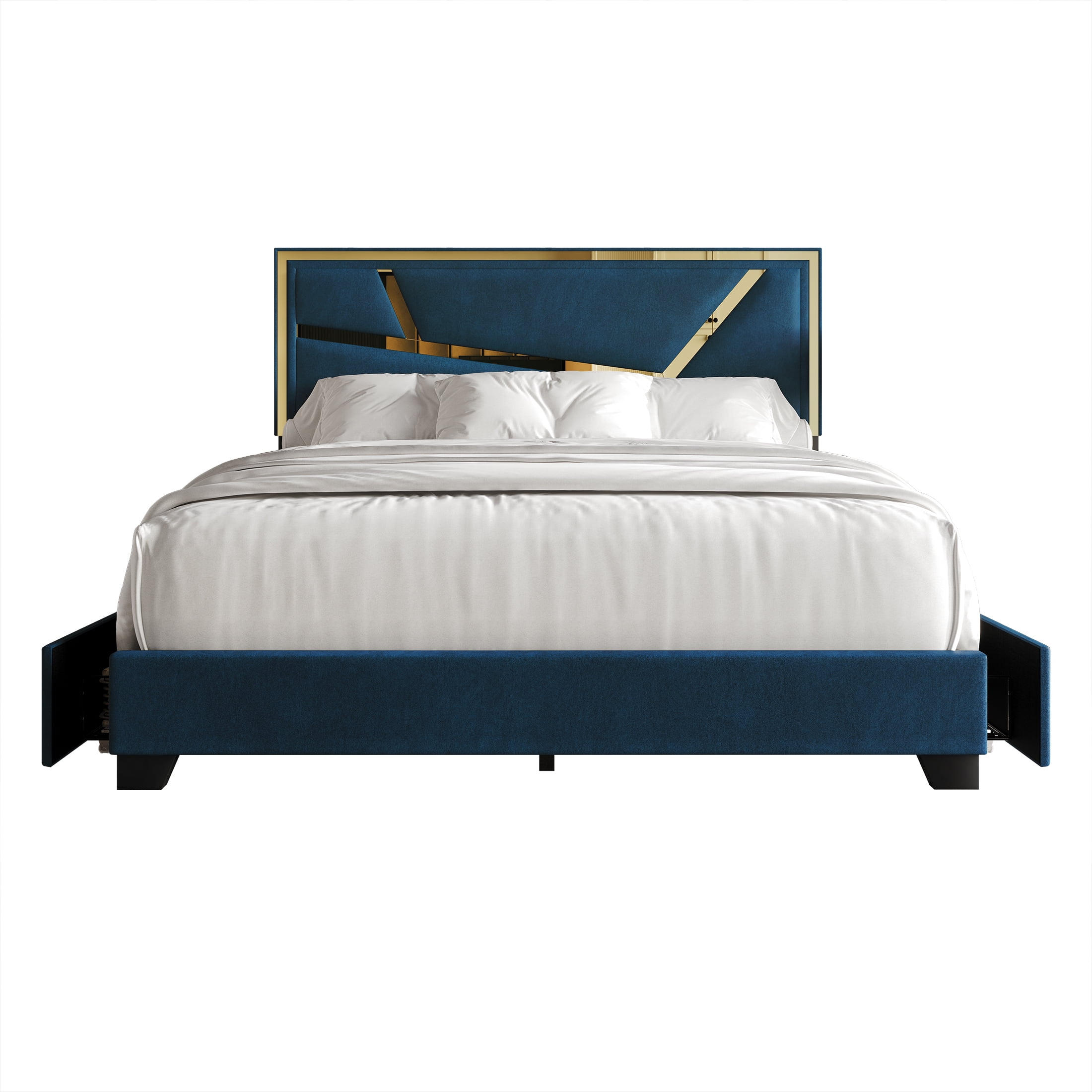 Castle Place Luxe Haven Velvet King Platform Bed with 4 Storage Drawers, Navy Blue