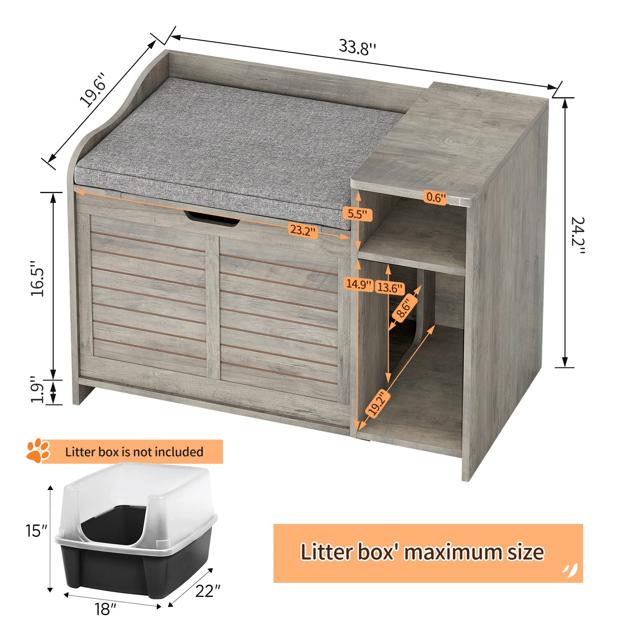 Faitaliicy Litter Box Enclosure With Cushion Hidden Cat Litter Box With Top Opening Flip Top Privacy Cat Litter Box Cabinet Wooden Cat Washroom Storage Cabinet Bench For Living Room Bedroom