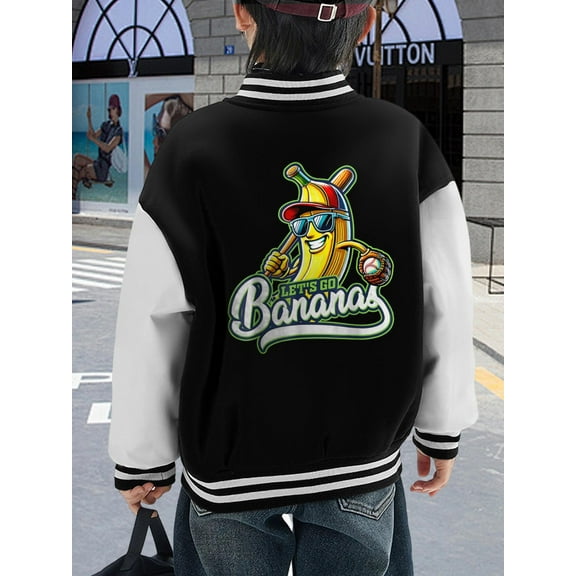 Youth Baseball Jacket Funny Banana Hoodies Baseball Sweatshirt Let's Go Bananas Tee Baseball Lovers Cute Unique Graphic Long Sleeve Top Men Women Teen Varsity Jacket