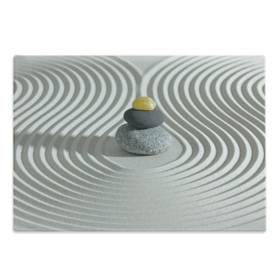 Spa Cutting Board, 3 Hot Massage Stones in the Middle of the White Sand Shaped Waves Art, Decorative Tempered Glass Cutting and Serving Board, Large Size, Grey and Yellow, by Ambesonne