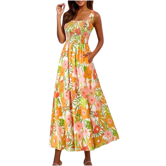Taqqpue Women's Summer Dresses Boho Spaghetti Strap Sleeveless Square Neck Tie Shouder Casual Sundress Floral Printed Flowy A Line Mini Dress Beach Vacation Dresses