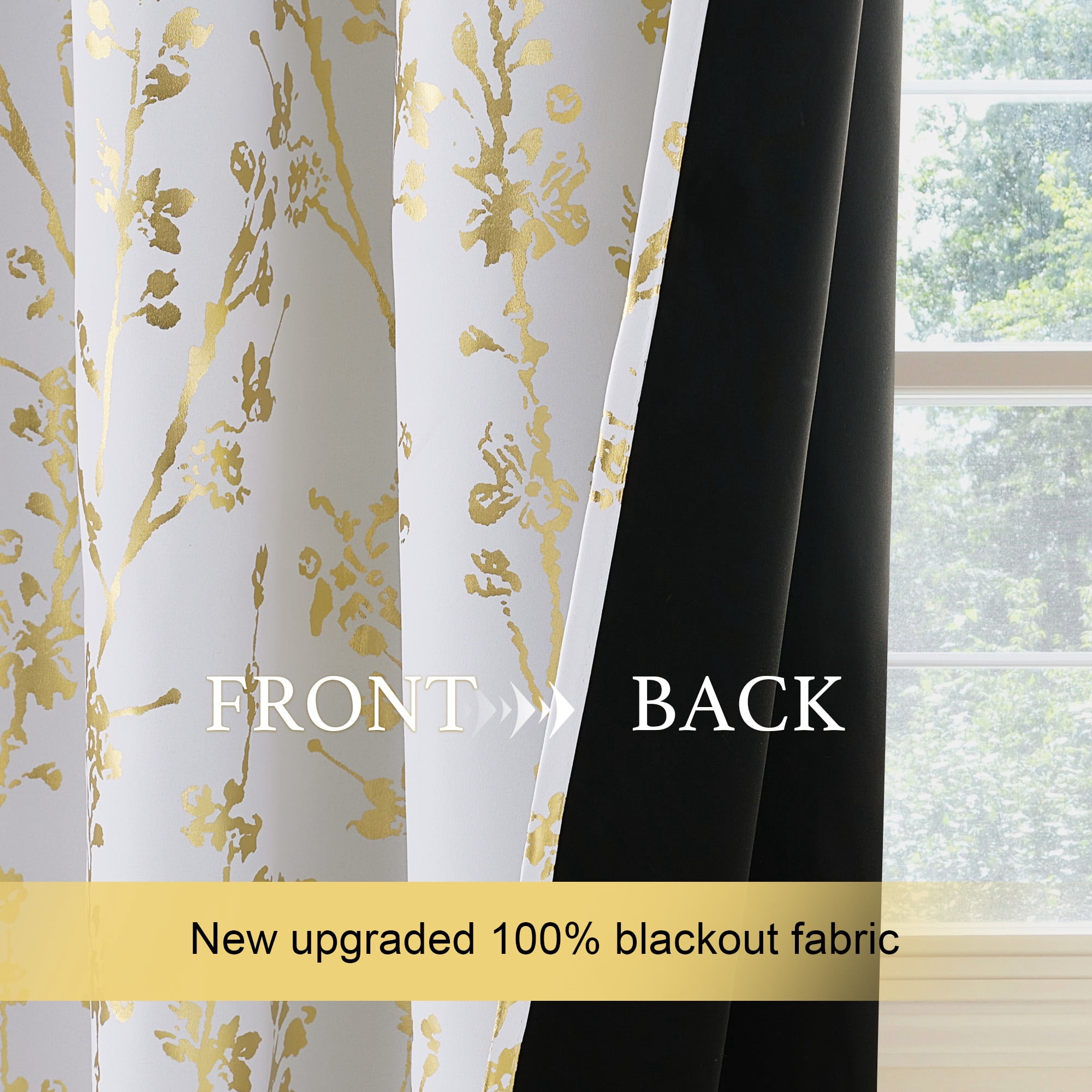 NICETOWN 100% Blackout Curtains 84 Inch Length Gold White Foil Branch Grommet Full Room Darkening Curtains, Thermal Panels Curtains for Bedroom & Living Room, 2 Panels