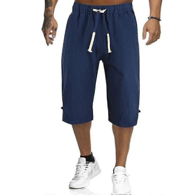 Men Summer Linen Look Capri Pants Casual Elastic Waist 3/4 Length Trousers Plus Size- s202412247491