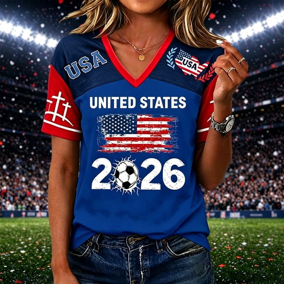 Usa Soccer Jersey Women Shirts 2026 Country Team Short Sleeve V Neck Fan International Football Shirt Retro Streetwear Top, Blue L