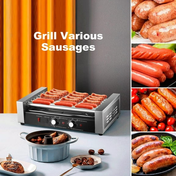Kalkiam Electric Hot Dog Sausage Machine 7 Roller 18 Hot Dog Grill Cooker Machine Stainless Steel Led Light 1200w 110V Portable Commercial BBQ Accessories For Picnic Barbecue Camping stunning