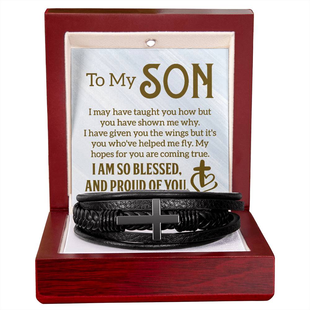 To My Son I Am So Blessed Men's Stainless Steel & Vegan Leather Cross Bracelet - Vegan Leather with Stainless Steel