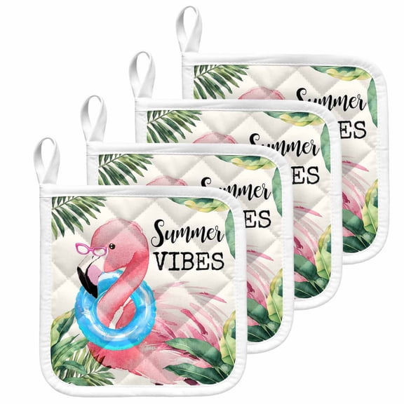 Summer Pink Flamingo Pot Holders for Kitchen Heatproof Potholder, 4 Pack Beach Tropical Palm Leaves Hot Pads Multipurpose Oven Pads Cloth Potholders Trivet for Cooking and Baking