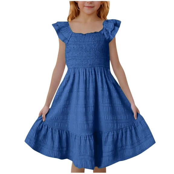 Ulitacool Girls Dress Short Sleeve Round Neck Backless Sundress Graphic Prints Dresses Handsome Wear 9-10 Years Blue