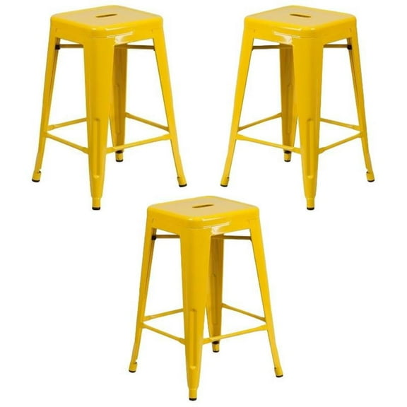 Home Square 24" Metal Backless Counter Stool in Yellow - Set of 3