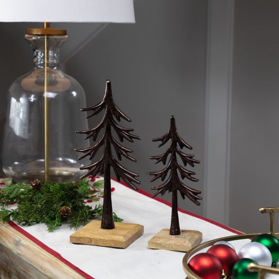 Northlight Trees on Wood Base Metal Christmas Decorations - 11.5" - Bronze - Set of 2