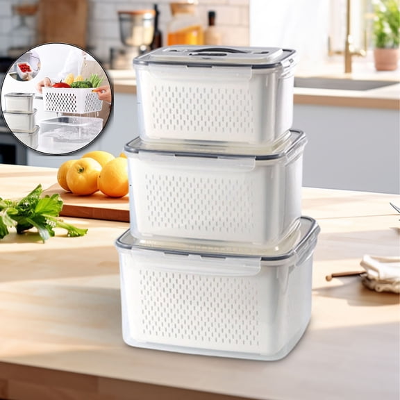 3 Pack Fridge Food Storage Container Set with Lids with Strainer, Fruit Vegetable Storage Containers Keep Fruits, Vegetables, Berry, Meat Fresh longer