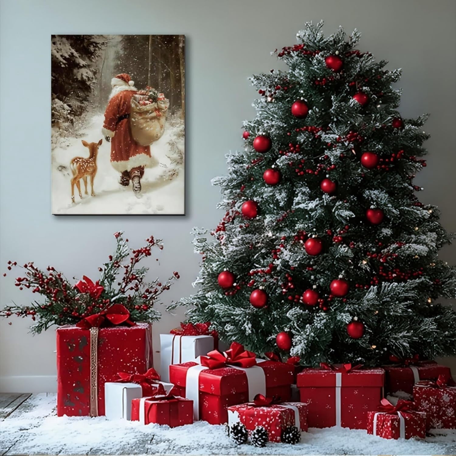 Christmas Wall Art, Santa Claus & Deer Canvas Prints, Christmas Pictures Wall Decor for Living Room & Bathroom, Holiday Painting for Bedroom Party Winter Cottage Artworks Gifts
