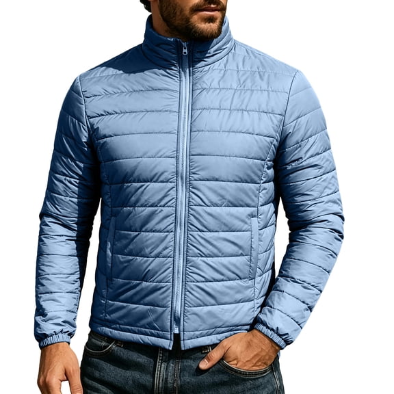 Men's Puffer Jacket Lightweight Zipper Stand Collar Warm Thermal Outerwear for Cold Weather