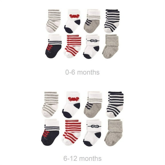 Luvable Friends Infant Boy Grow with Me Cotton Terry Socks, Gray Nautical, 0-6 and 6-12 Months