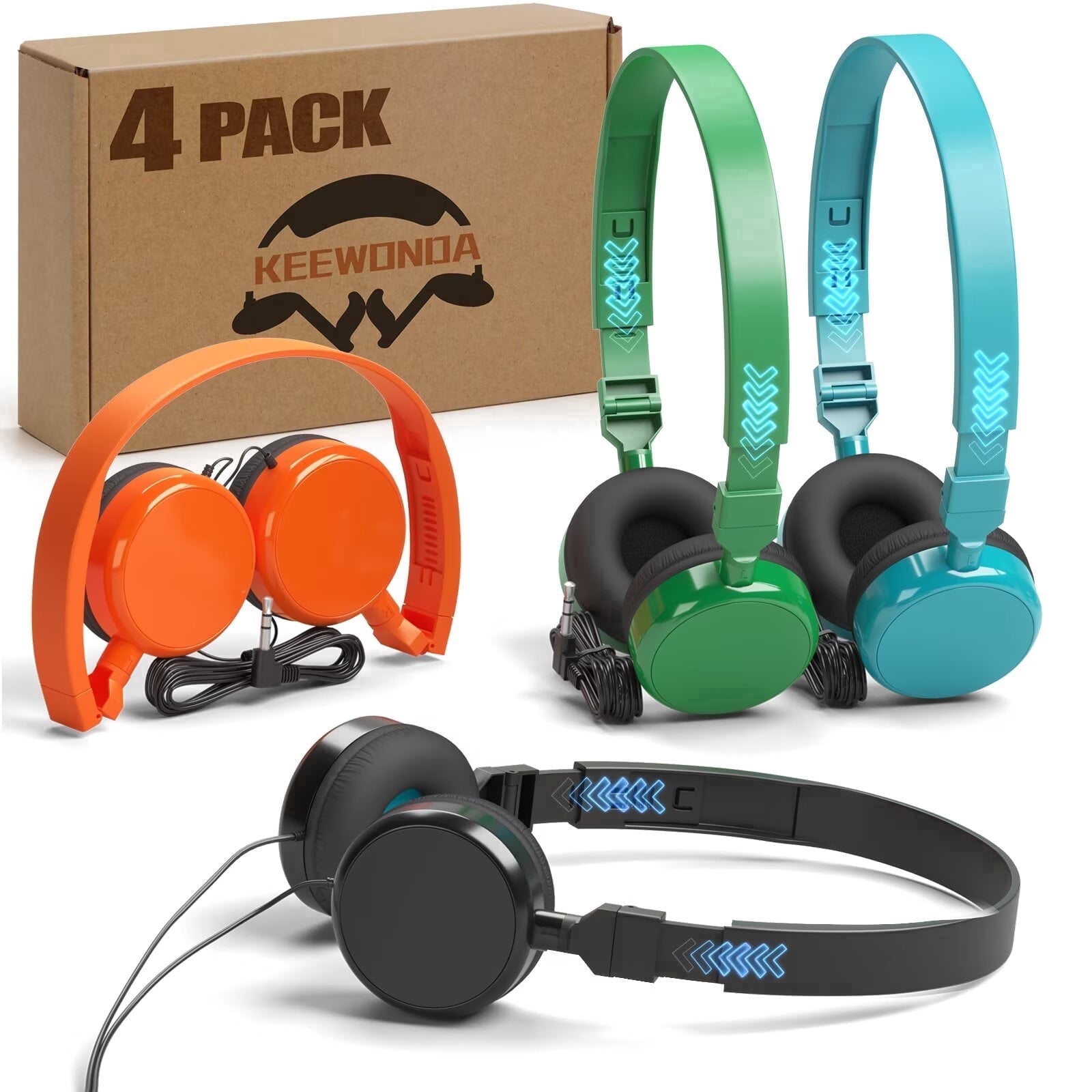 Keewonda 4-Pack Wired Classroom Headphones, No Mic, Individually Bagged Bulk Headphones for School Testing, Laptop, Library - Black, Orange, Green, Cyan