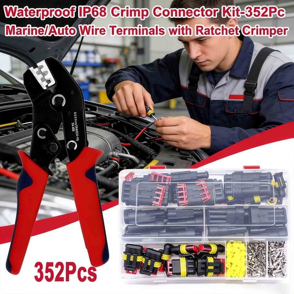 MKDAQIQIU Waterproof IP68 Crimp Connector Kit - 352Pc Marine/Auto Wire Terminals with Ratchet Crimper