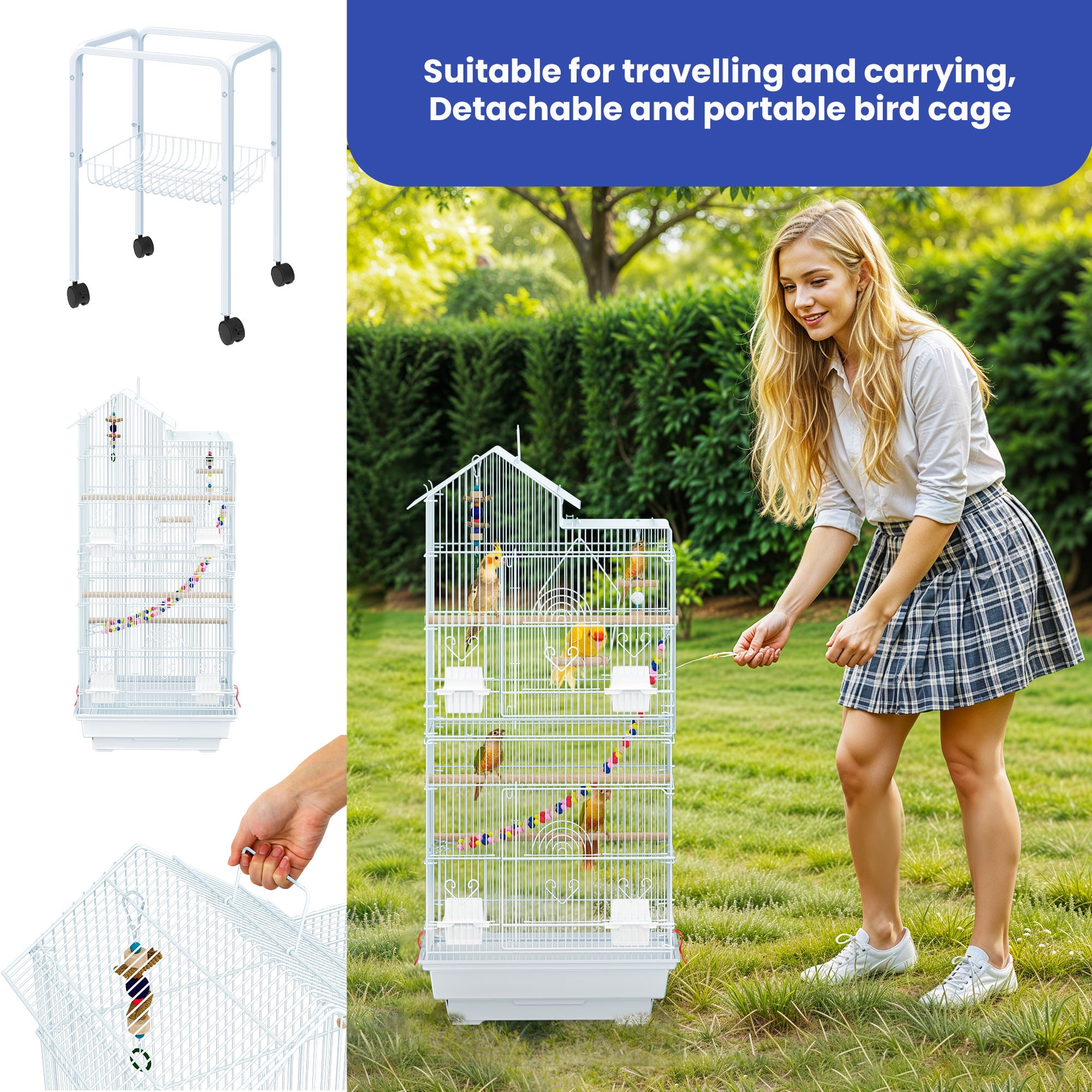 ModFusion 62" Metal Birdcage with Rolling Stand, Playful Accessories for Parakeets, Lovebirds & Conures – White