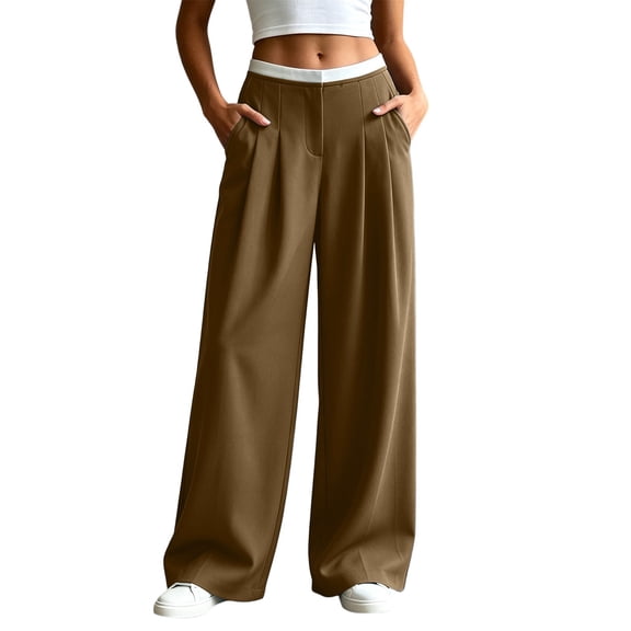cocolona Womens Casual Patchwork Dress Pants Elastic Waist Straight Wide Leg Commute Yoga Pants with Pockets