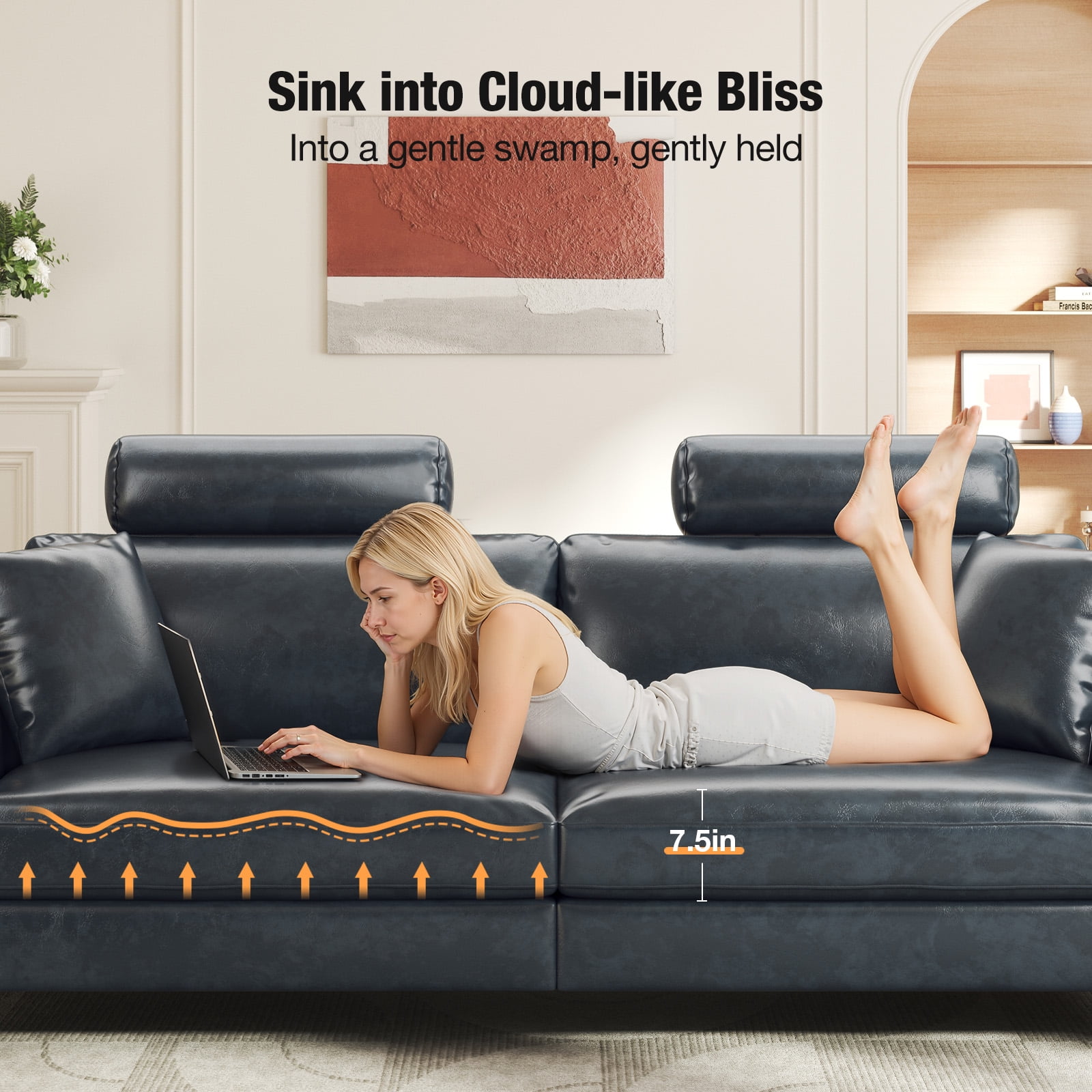 87" Sofa Premium PU Leather Couch with Headrest, Comfy 27" Extra Deep Seat 3 Seater Sofa for Living Room, Includes 2 Pillows, Gray