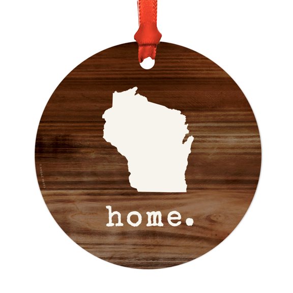 US State Round Metal Christmas Ornament, Rustic Wood Print, Wisconsin, Includes Ribbon and Gift Bag