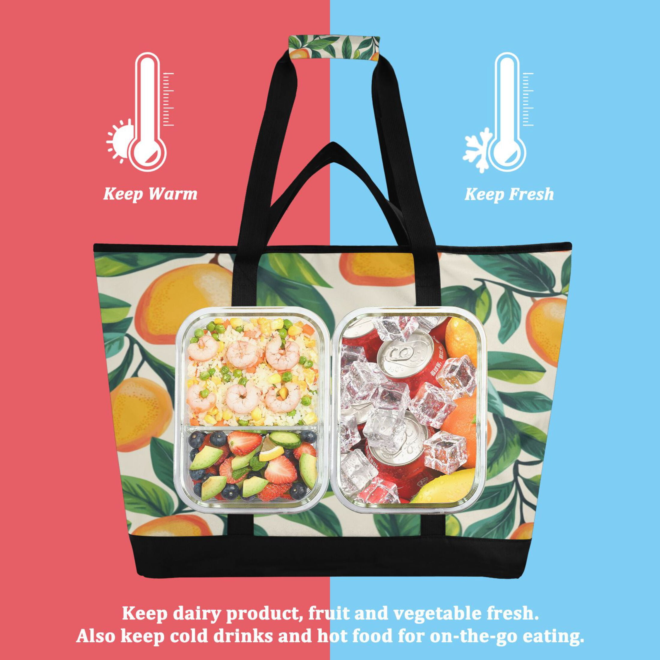 Large Hand-held Ice Pack Picnic Bag Insulation and Refrigeration Suitable for Shopping Picnics and Camping Lemons and Leaves