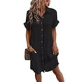 thumbnail image 2 of ZenCart Women's Cotton Linen Dress Casual Button Down V-neck Dress with Pockets Summer Short Sleeve Beach Sundress, 2 of 8