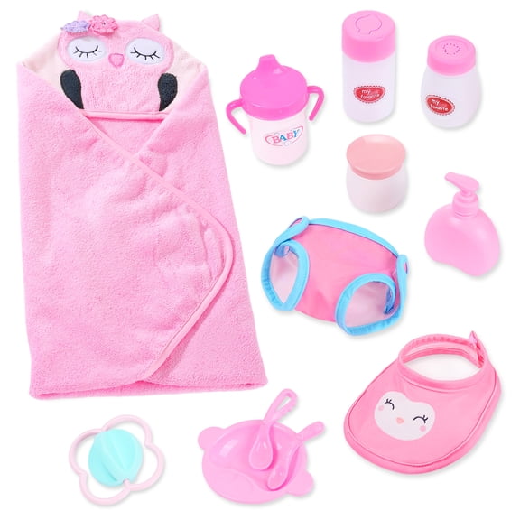 ZITA ELEMENT Baby Doll Accessories for 12-18 Inch Dolls, 13 pcs Changing & Bathtime Set with Owl Swaddle, Bottle, Toy, Bib, Diaper, Pretend Bath & Caring & Feeding Supplies