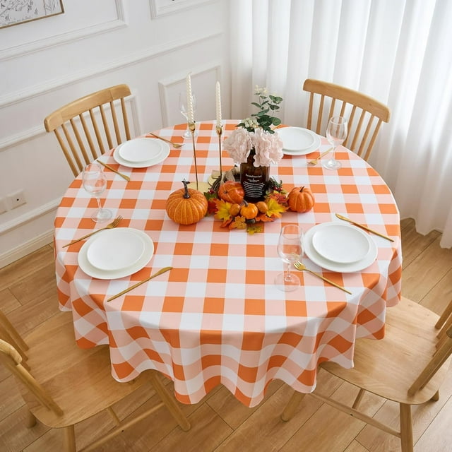 Nappe à Carreaux Vichy Orange Nappe Ronde d'Automne 60 Pouces - Housse de Table à Carreaux Orange en Tissu Polyester Réutilisable Résistante à l'Eau pour Fête d'Automne de l'Action de Grâce Pique-Nique Extérieur et Déco de Cuisine