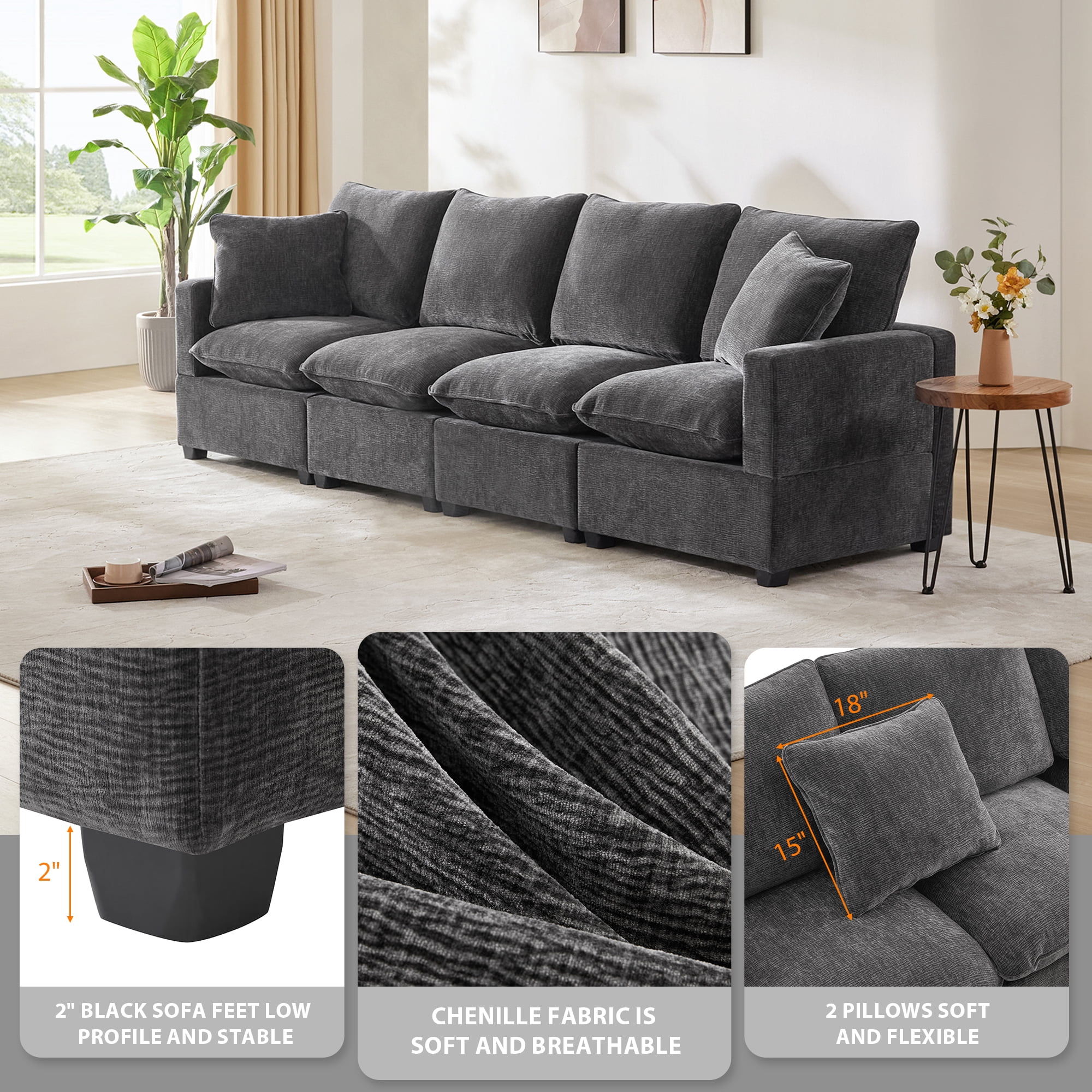 EUROCO 110" Modern Modular 4-seat Chenille Sofa Couch,Combinable Funiture with 2 Pillows, Large Sectional Couch for Living Room, Apartment, Office, Grey