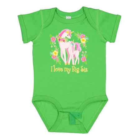 

Inktastic I Love My Big Sis Unicorn with Pink and Yellow Flowers Gift Baby Boy or Baby Girl Bodysuit