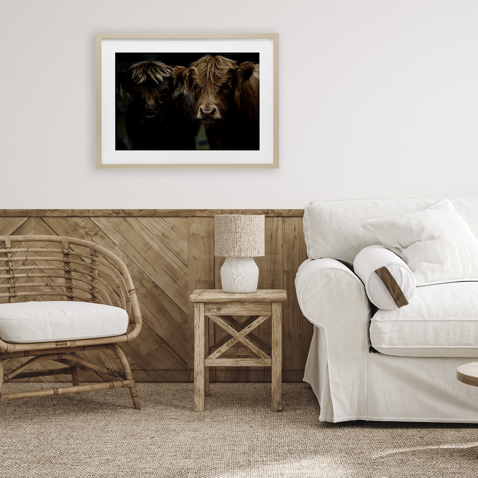 Cow Faces Highland Pair Birch Framed Print Under Glass, design by Amy Carroll