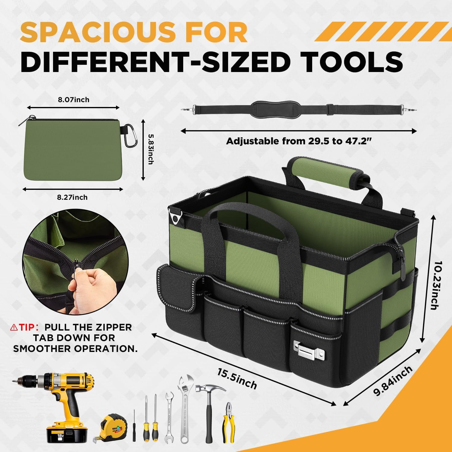 Tool Bag 15.5 Inch with 1 Pouch | 17-Pocket Portable Tool Box Organizer Storage with Adjustable Strap, Soft Handle and Durable Zipper | Heavy Duty Tool Bags for Men, Father’s Day (Green)