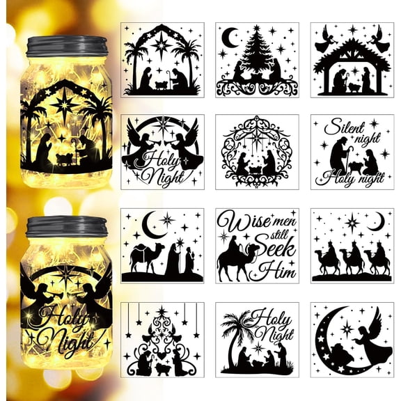 Nativity Silhouette Cutouts for DIY Jars Mason Can Glass Wishing Bottle Decor(No Stickers) 12Pcs Reusable Silhouette for DIY Lantern DIY Craft Kit Jar Decals Church Christmas Home Garden Decor