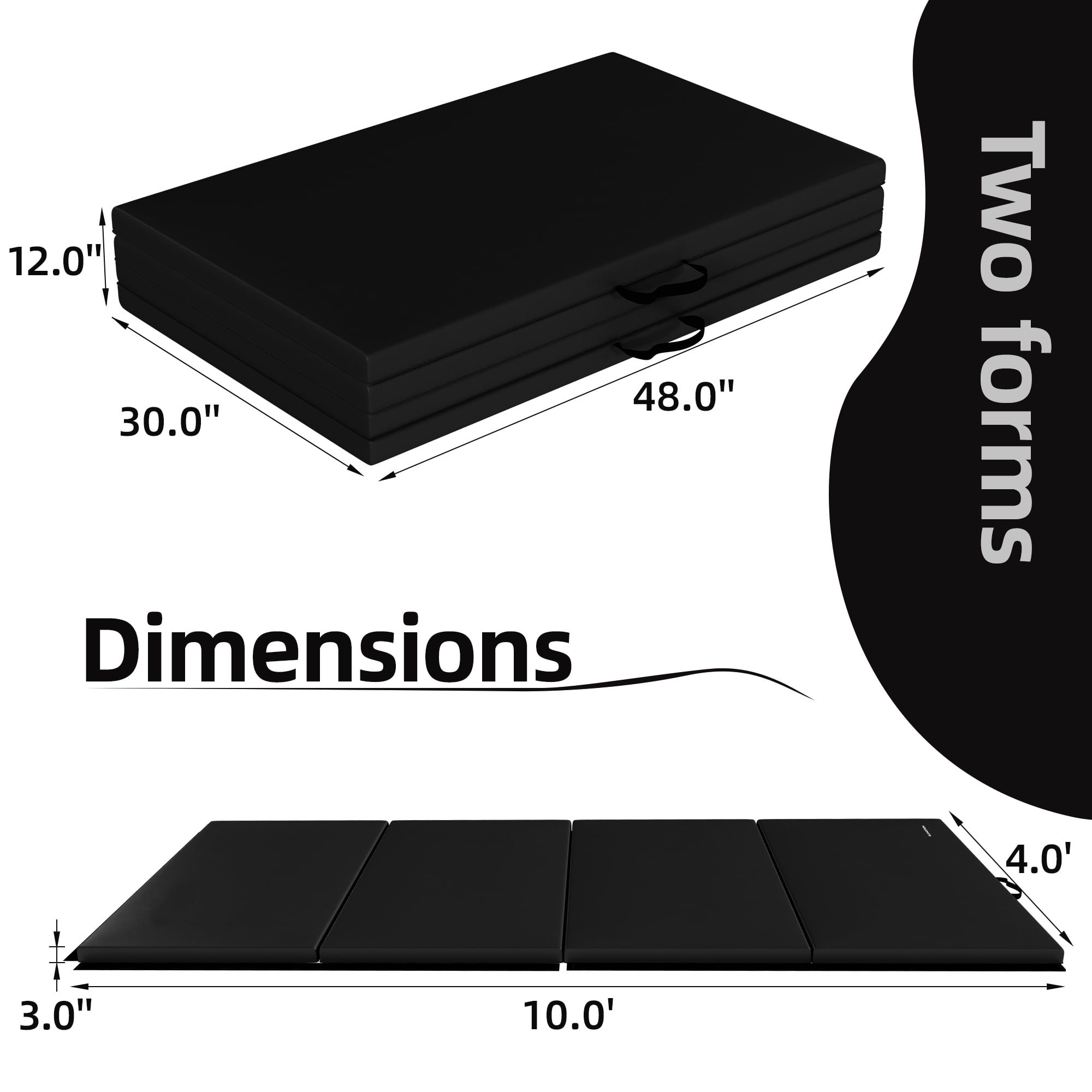 Signature Fitness 4ft x 10ft x 3in Folding Gymnastics Mat, 4-Panel Extra Thick Exercise Mat with Handles, PVC Leather + EPE Foam, Multiple Colors