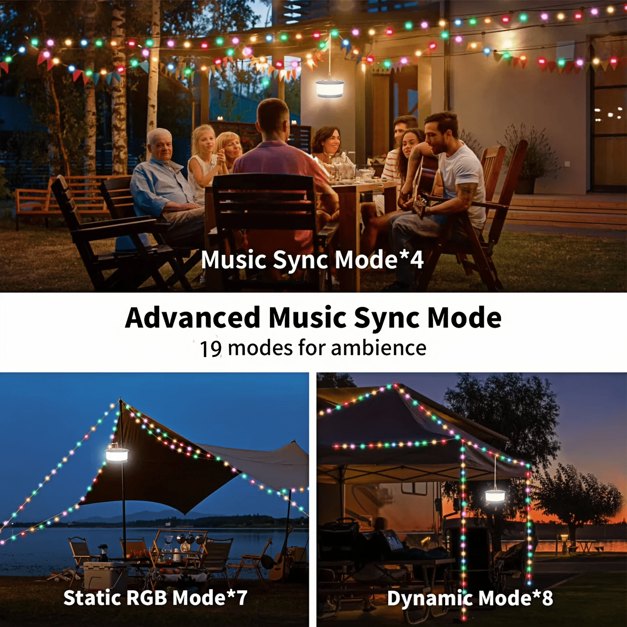 KOBAIBAN 3-in-1 Camping Lights, 32.8FT Rechargeable Camping String Lights with 19 Lighting Modes, IPX4 Waterproof LED Tent Lights for Camping Yard Patio, Black