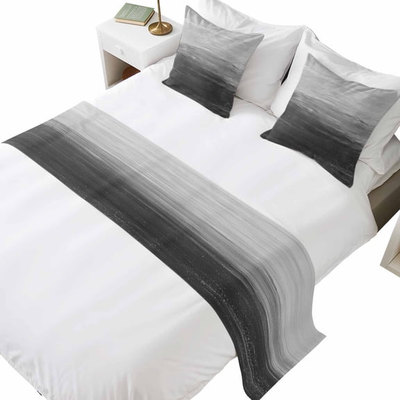 Bed Runner for King Size Bed, Grey Ombre Decorative Beds Runners and 2 Matching Pillow Covers Set, Modern Abstract Art Ocean Oil Painting Beds Scarf Throw for Foot of Bedding Set for Hotel/Bedroom