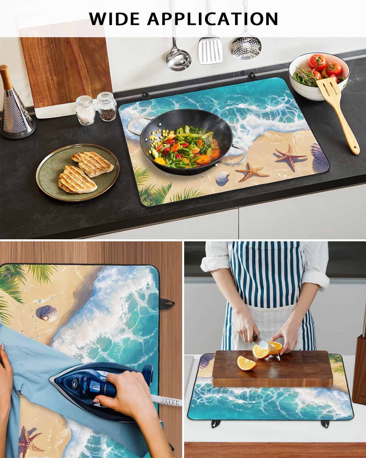 nqOlkjepod Large Induction Cooktop Protector Mat 36"x21", Beach Coastal Stove Top Covers for Electric Stove, Aqua Summer Nautical Seaside Starfish Stove Burner Cover Mats, Glass Top Stove Cover