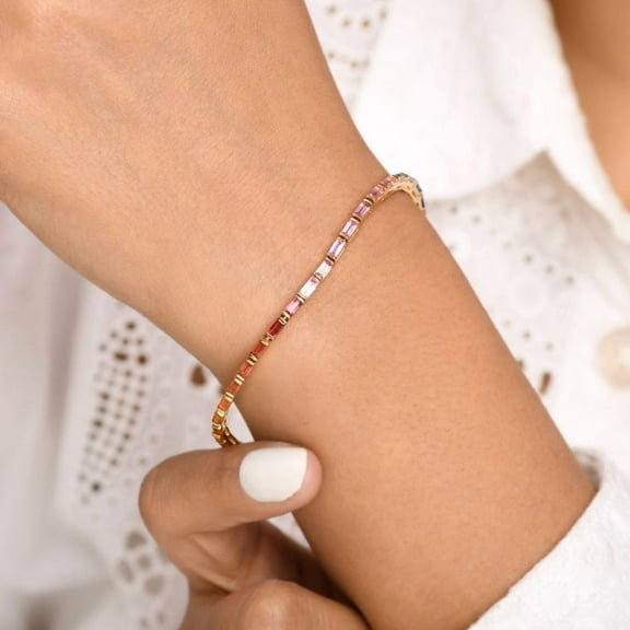 Rainbow sapphire baguette tennis bracelet gold, multi sapphire baguette cut bar set tennis bracelet gold Rainbow bracelet gold