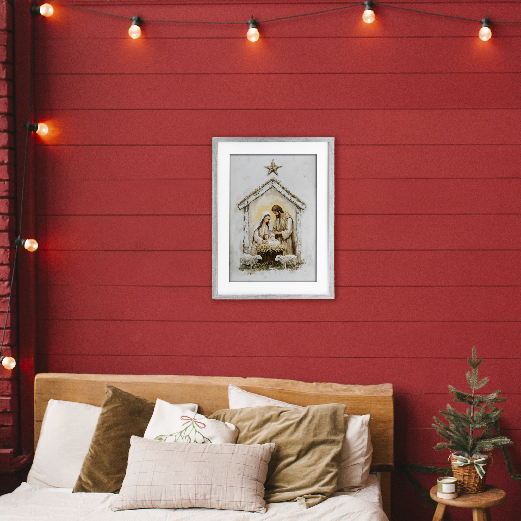 Little Lambs & Nativity Gray Framed Print Under Glass, design by Petal Prints Design
