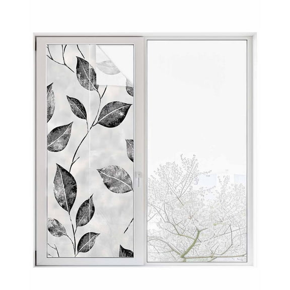 Window Privacy Film Grey Black Leaves Stained Glass Window Film Decorative Sun Block Window Cover Spring Retro Botanical Branches Window Clings Static Adhesive Sticker for Bathroom 29.5"x78.7"