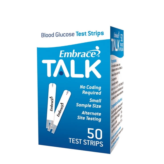 Embrace Blood Glucose Test Strips, 50 Strips per Box Talking For Embrace Blood Glucose System, Omnis Health, APX03AB0303 - Box of 50