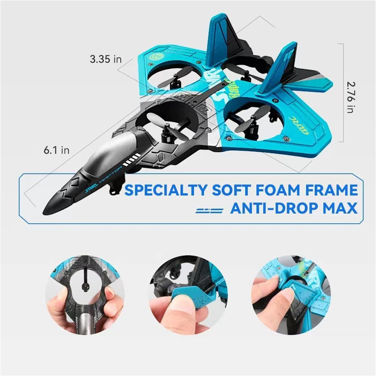 RC Plane Fighter Jet Glider RC Aircraft Foam Drone Toy Blue - 1 Battery 1 Remote 1 Charging Cable 4 Spare Propellers Included Four-Rotor Stunt Design Foam Build LED Lights Easy to Operate - For Kids