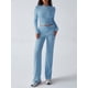 thumbnail image 5 of Conjuntos de 2 Piezas para Mujer, Larga, Cuello Redondo, Pantalones Acampanados de Cintura Alta, Conjuntos de Chándal, Ropa de Calle. Azul L, 5 of 9