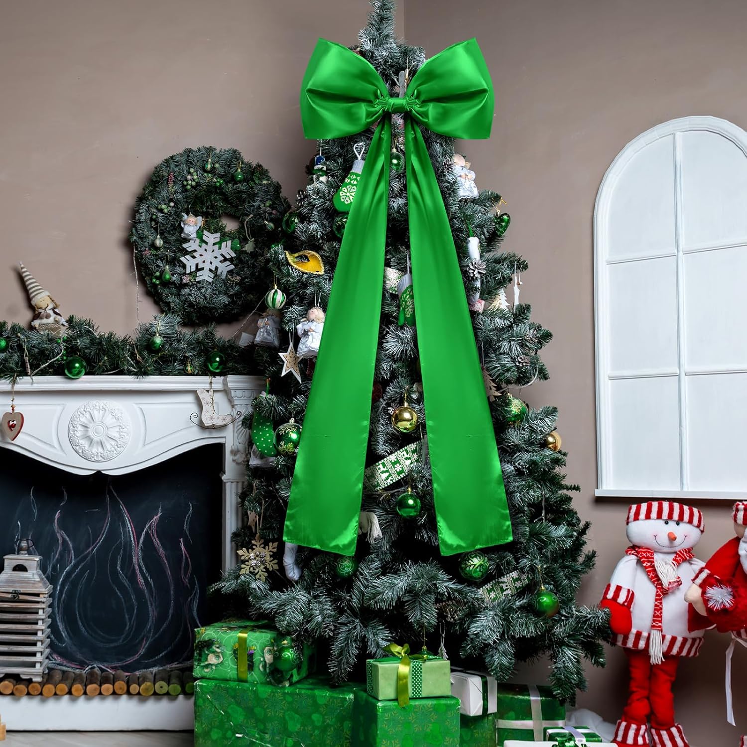 Guvpev 5FT Large Satin Christmas Bows - Giant Green Xmas Bows for Christmas Tree Topper, Wreaths, Wal, Mantel, Front Door, Porch & Wedding Decorations, Indoor & Outdoor Holiday Christmas Decorations