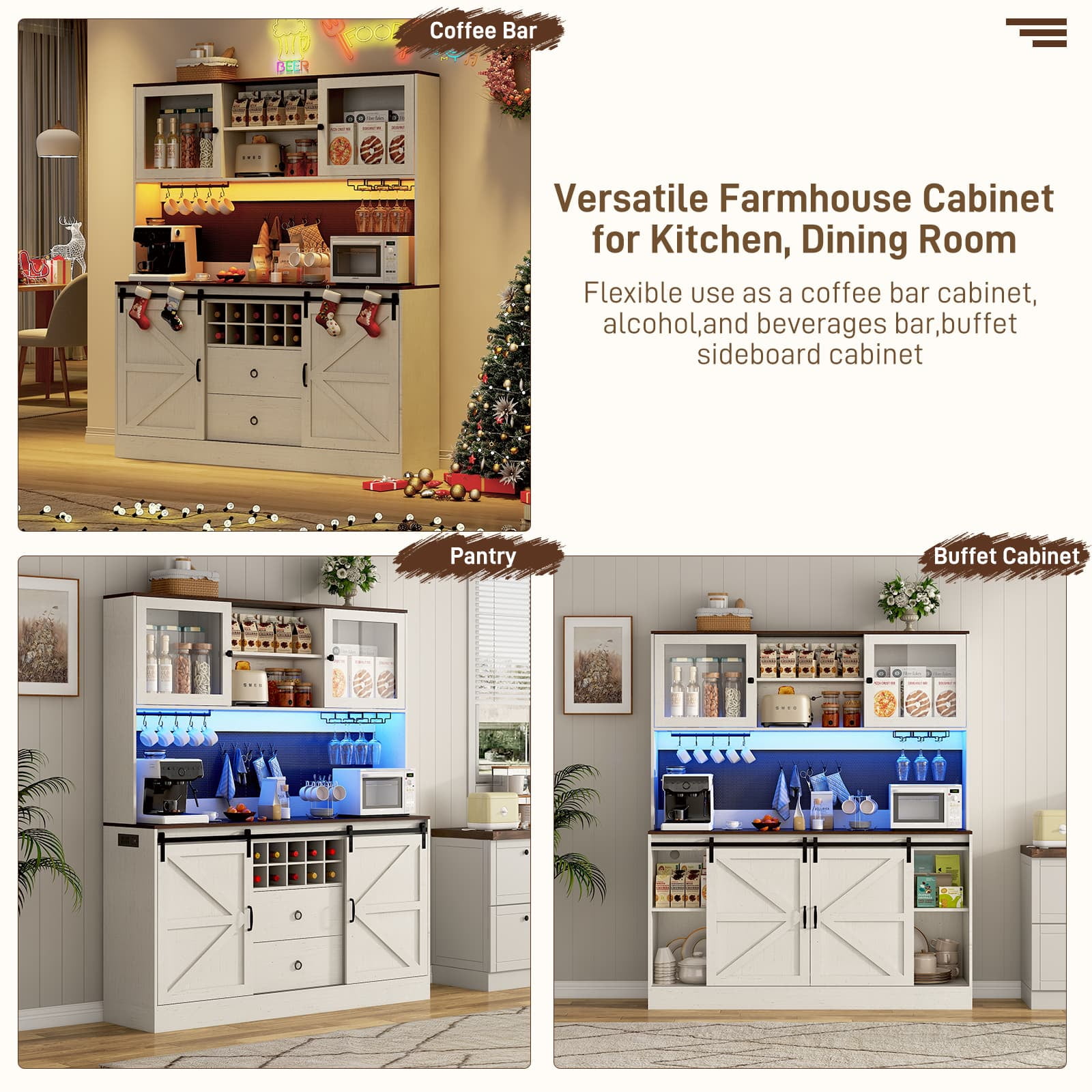 74" Farmhouse Kitchen Pantry Storage Cabinet with LED Light & Charging Station, 63" W Coffee Bar Cabinet Kitchen Cupboard with Hutch and Sliding Barn Doors, Pegboard