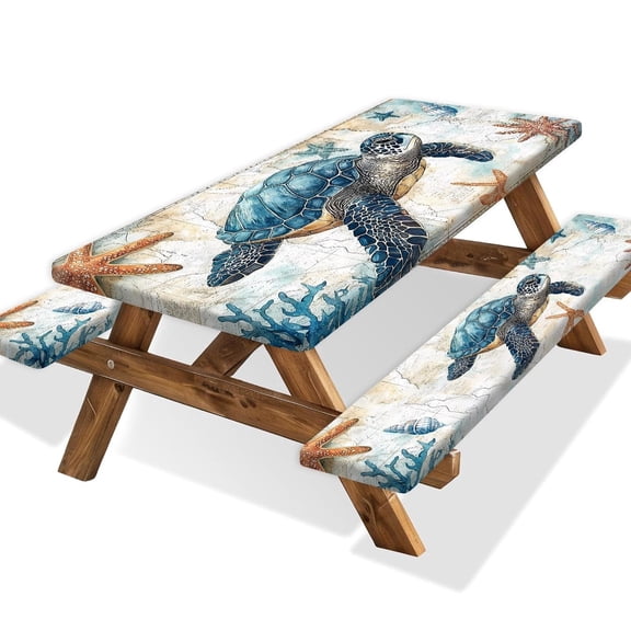 Picnic Table Cover with Bench Covers 6FT, Camping Essentials, Nautical Sea Turtle Ocean Windproof Picnic Table Cloth, Fitted Tablecloth with Elastic Edge for Indoor Outdoor 3PCS 30x72 Inch