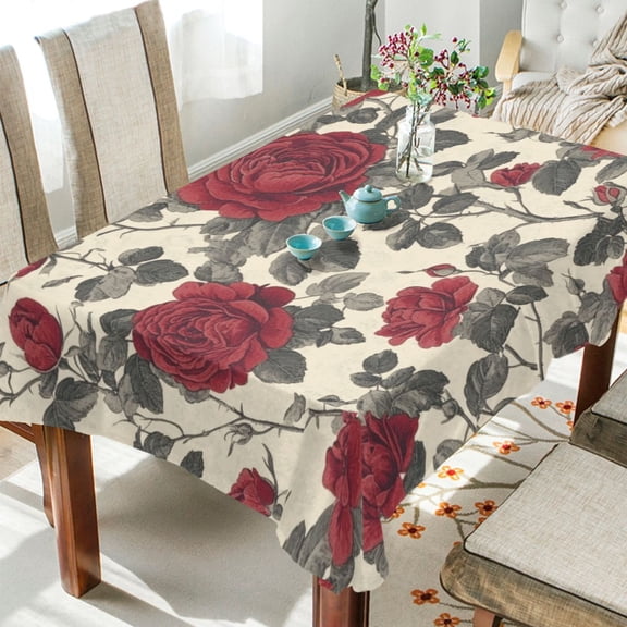 WOBOGO Red and White Vintage Flowers Square Tablecloth 54×54in Polyester Fabric Tablecloth Washable Dust Resistant Wrinkle Resistant
